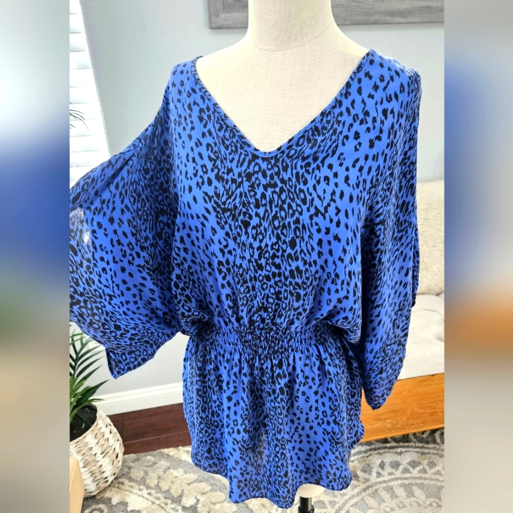 Parker-Blue Silk Sheer Mid Sleeve V Neck Gathered Blouse Tunic Women's Sz  Large